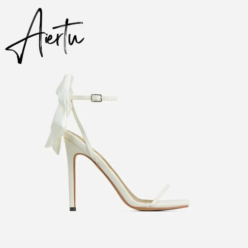 Aiertu  2024 Summer PU Butterfly-Knot Sandals Square Toe Thin Heels Party Shallow Concise Sweet Buckle Strap Adult Open  Pleated Aiertu
