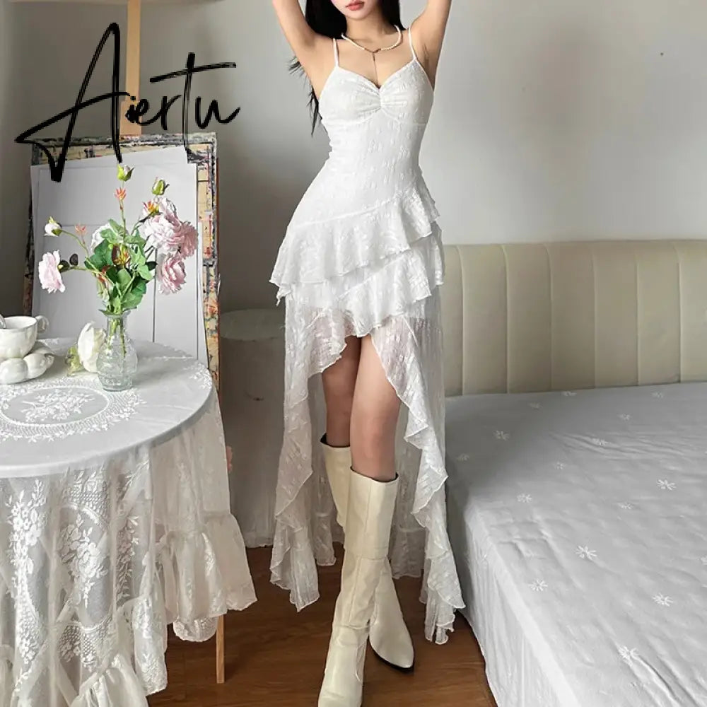 Aiertu 2024 Summer Streetwear Vintage Dresses Grunge Y2k Aesthetic Irregular Ruffled Vestido Slim Fit Harajuku Woman Backless Dress Aiertu