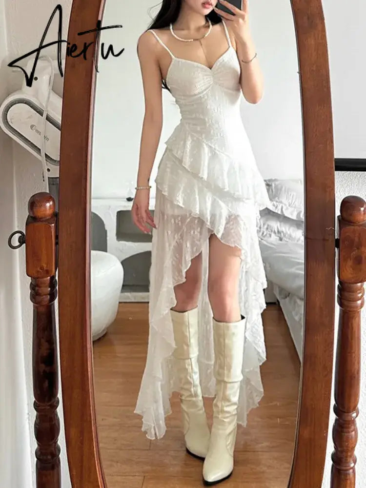 Aiertu 2024 Summer Streetwear Vintage Dresses Grunge Y2k Aesthetic Irregular Ruffled Vestido Slim Fit Harajuku Woman Backless Dress Aiertu