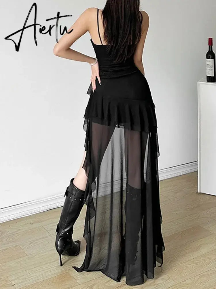 Aiertu 2024 Y2k Aesthetic Irregular Ruffled Dress Sexy Backless Harajuku Pleated Dresses Streetwear Sleeveless Bodycon Aiertu