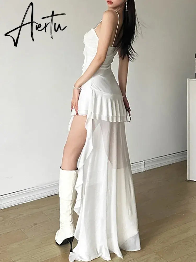 Aiertu 2024 Y2k Aesthetic Irregular Ruffled Dress Sexy Backless Harajuku Pleated Dresses Streetwear Sleeveless Bodycon Aiertu