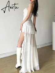 Aiertu 2024 Y2k Aesthetic Irregular Ruffled Dress Sexy Backless Harajuku Pleated Dresses Streetwear Sleeveless Bodycon Aiertu