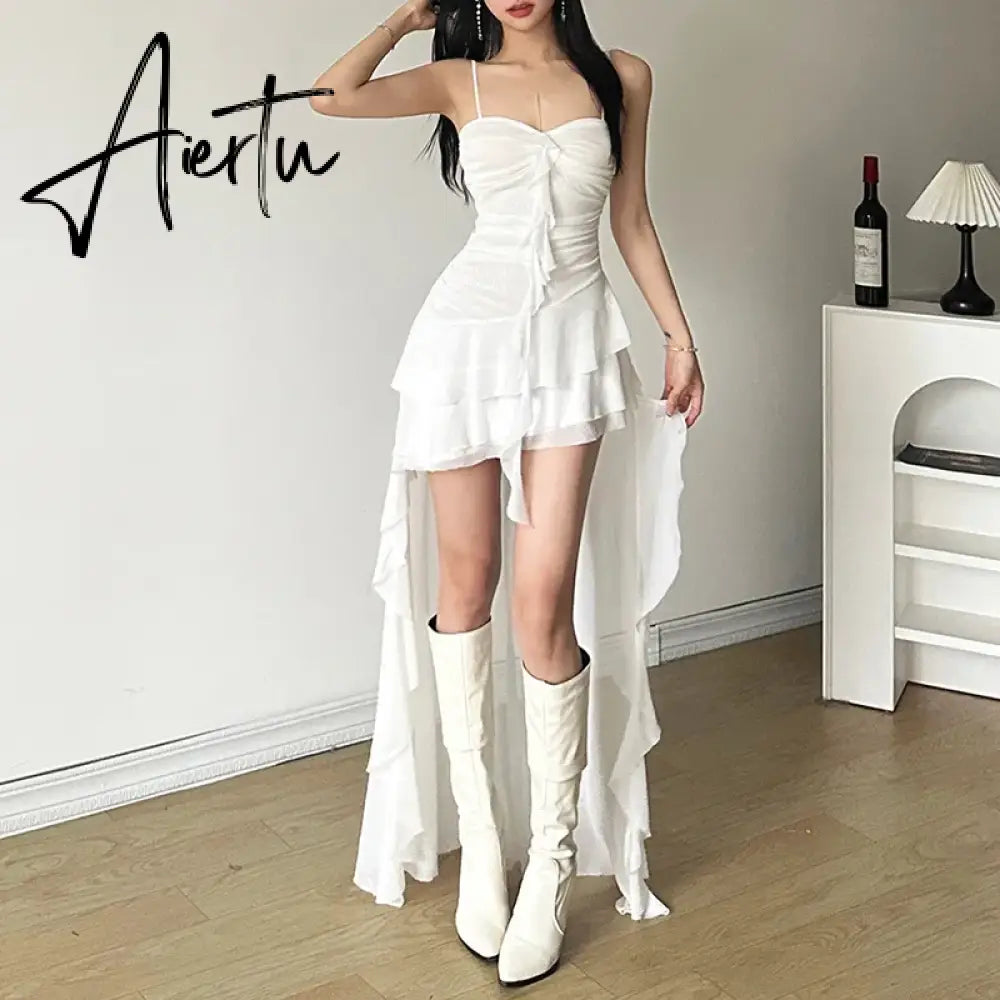 Aiertu 2024 Y2k Aesthetic Irregular Ruffled Dress Sexy Backless Harajuku Pleated Dresses Streetwear Sleeveless Bodycon Aiertu