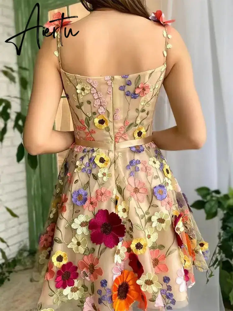 Aiertu 3D Flower Tulle Square Neck Mini Sling Dress Female Backless A-line Gown Short Vestidos Women Chic Evening Cocktail Party Robes Aiertu