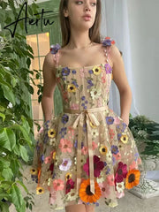 Aiertu 3D Flower Tulle Square Neck Mini Sling Dress Female Backless A-line Gown Short Vestidos Women Chic Evening Cocktail Party Robes Aiertu