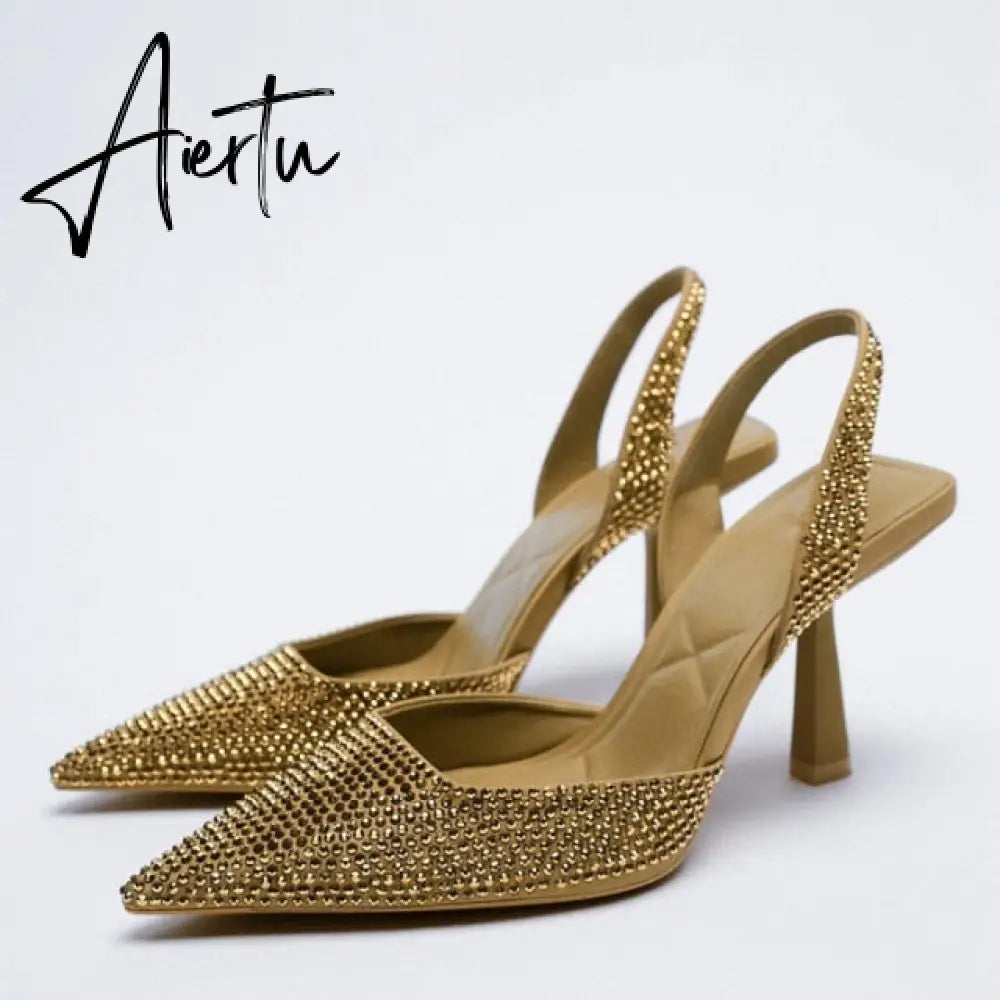 Aiertu African Party Shoe and Bag Set Sexy Heels Shallow Mouth Pointed Pumps Lace-Up Sandals Ladies Slip On Golden Crossdressers Beige Aiertu