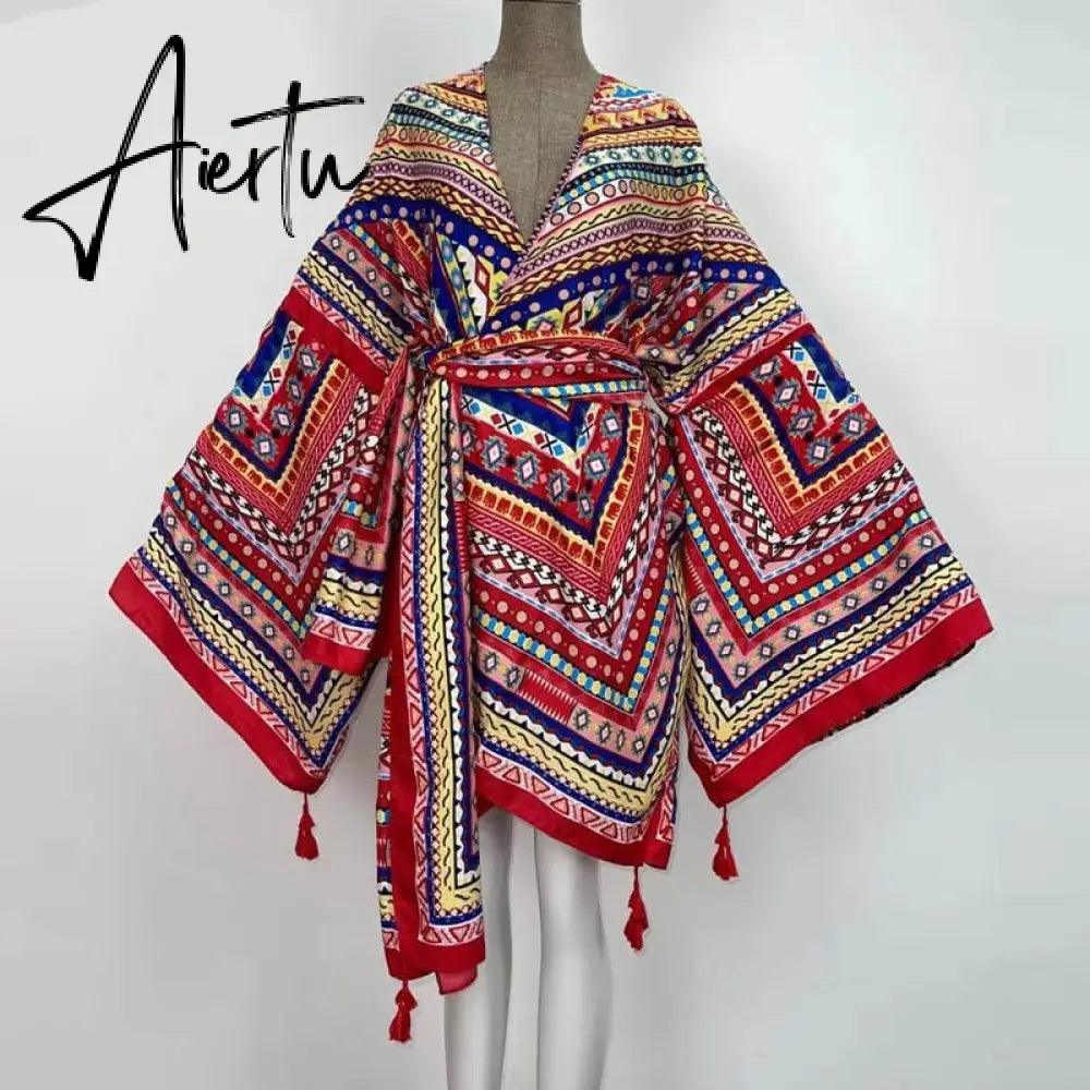 Aiertu America Summer Women Cardigan stitch robe Cocktail sexcy Boho Maxi African Holiday Batwing Sleeve Silk Robe Aiertu