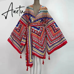 Aiertu America Summer Women Cardigan stitch robe Cocktail sexcy Boho Maxi African Holiday Batwing Sleeve Silk Robe Aiertu
