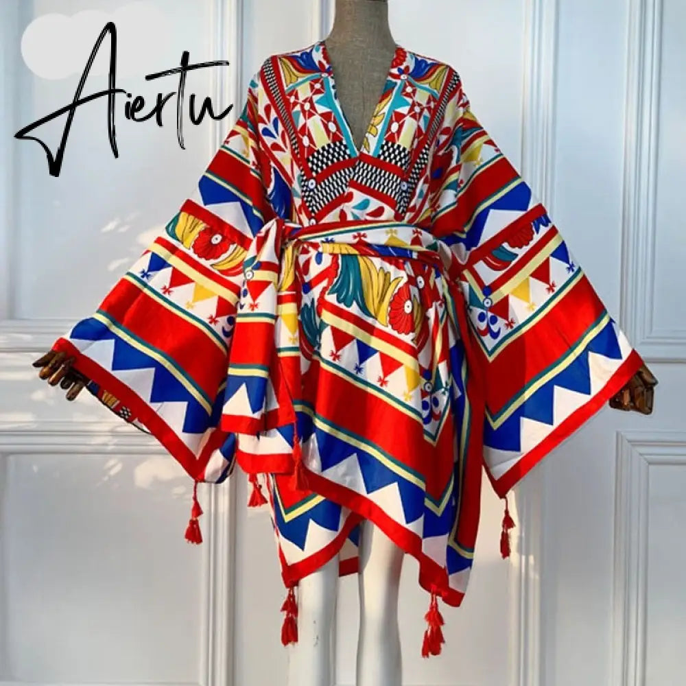 Aiertu America Summer Women Cardigan stitch robe Cocktail sexcy Boho Maxi African Holiday Batwing Sleeve Silk Robe Aiertu