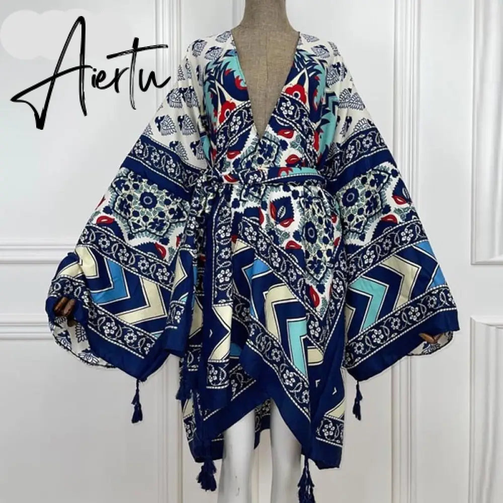 Aiertu America Summer Women Cardigan stitch robe Cocktail sexcy Boho Maxi African Holiday Batwing Sleeve Silk Robe Aiertu