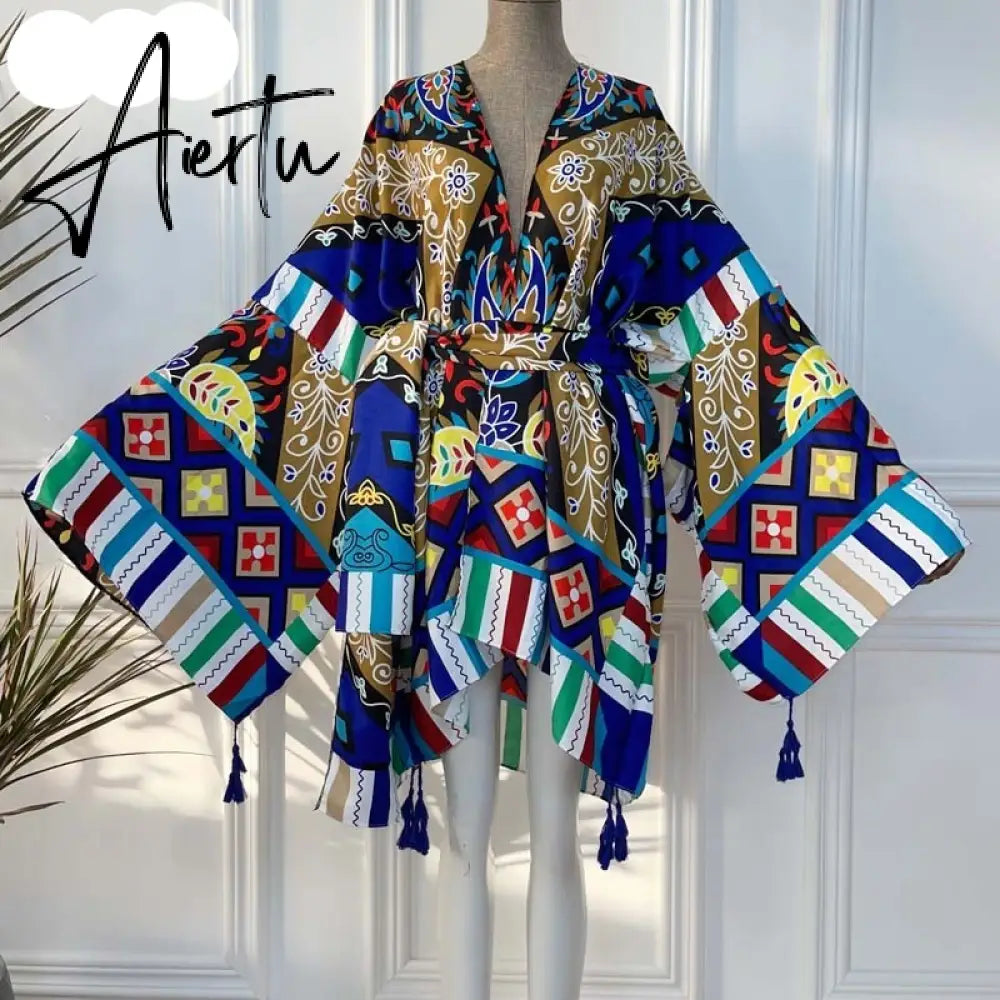 Aiertu America Summer Women Cardigan stitch robe Cocktail sexcy Boho Maxi African Holiday Batwing Sleeve Silk Robe Aiertu
