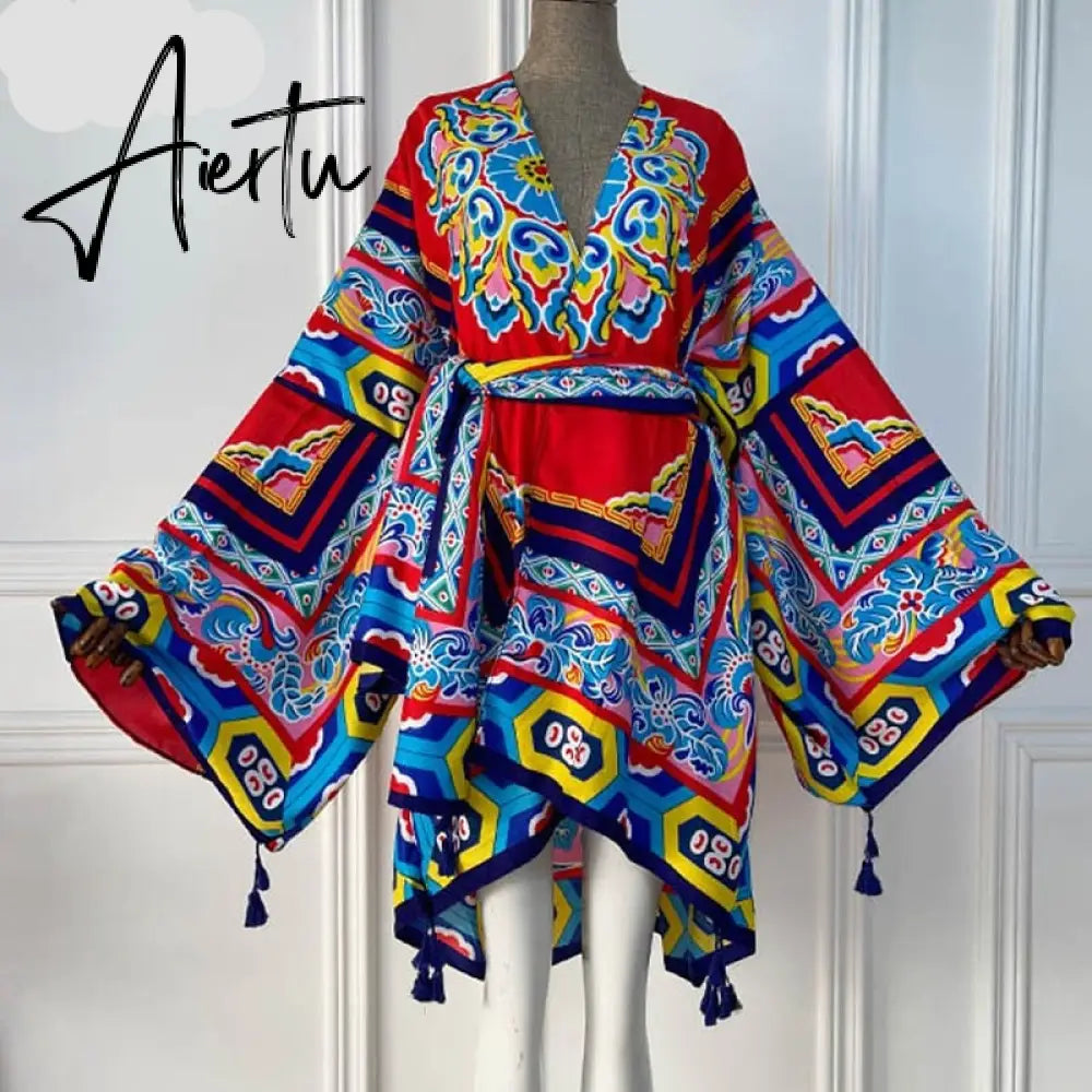 Aiertu America Summer Women Cardigan stitch robe Cocktail sexcy Boho Maxi African Holiday Batwing Sleeve Silk Robe Aiertu