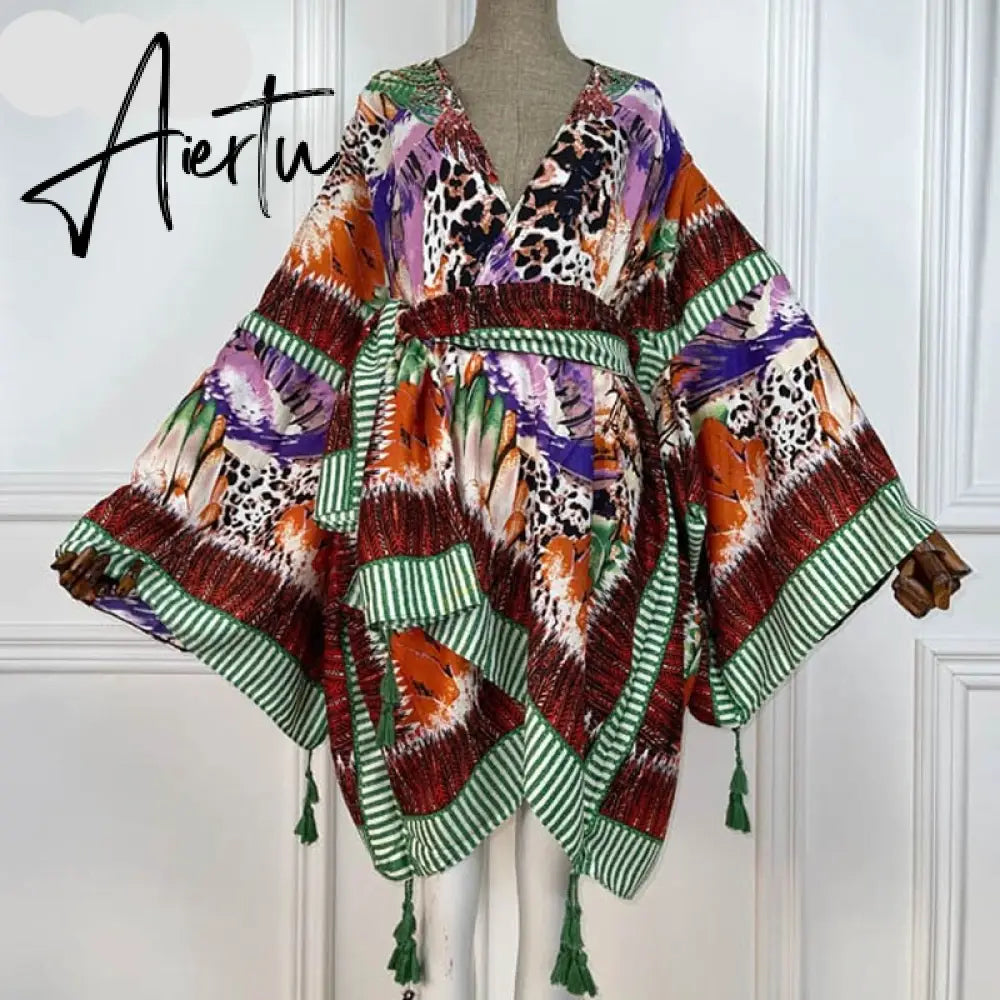 Aiertu America Summer Women Cardigan stitch robe Cocktail sexcy Boho Maxi African Holiday Batwing Sleeve Silk Robe Aiertu