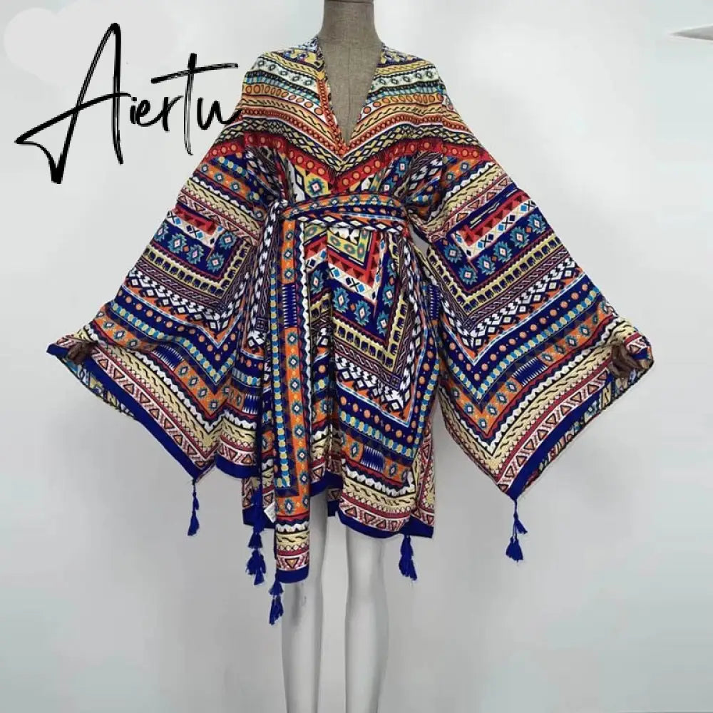 Aiertu America Summer Women Cardigan stitch robe Cocktail sexcy Boho Maxi African Holiday Batwing Sleeve Silk Robe Aiertu