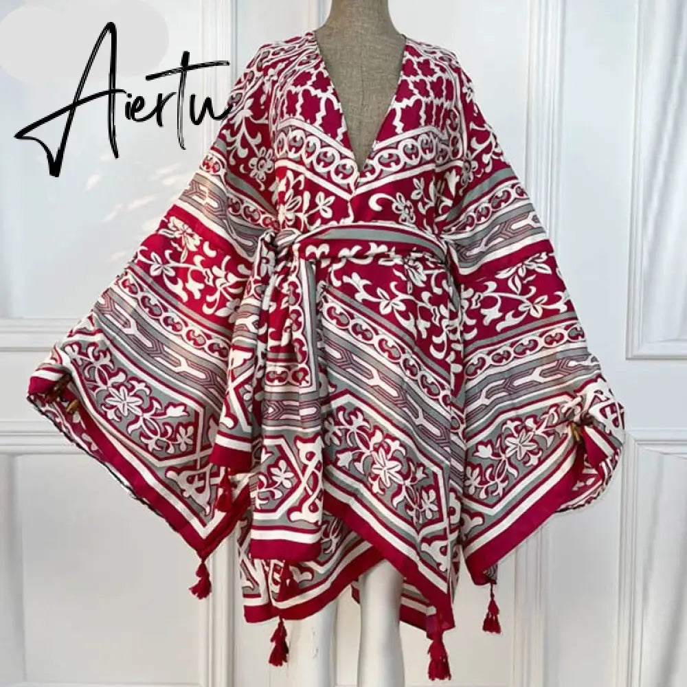 Aiertu America Summer Women Cardigan stitch robe Cocktail sexcy Boho Maxi African Holiday Batwing Sleeve Silk Robe Aiertu