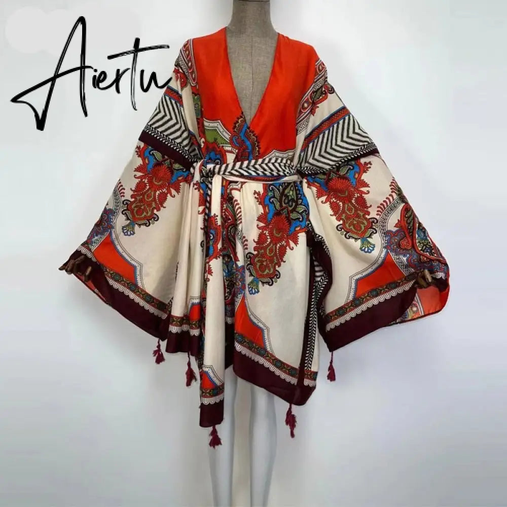 Aiertu America Summer Women Cardigan stitch robe Cocktail sexcy Boho Maxi African Holiday Batwing Sleeve Silk Robe Aiertu