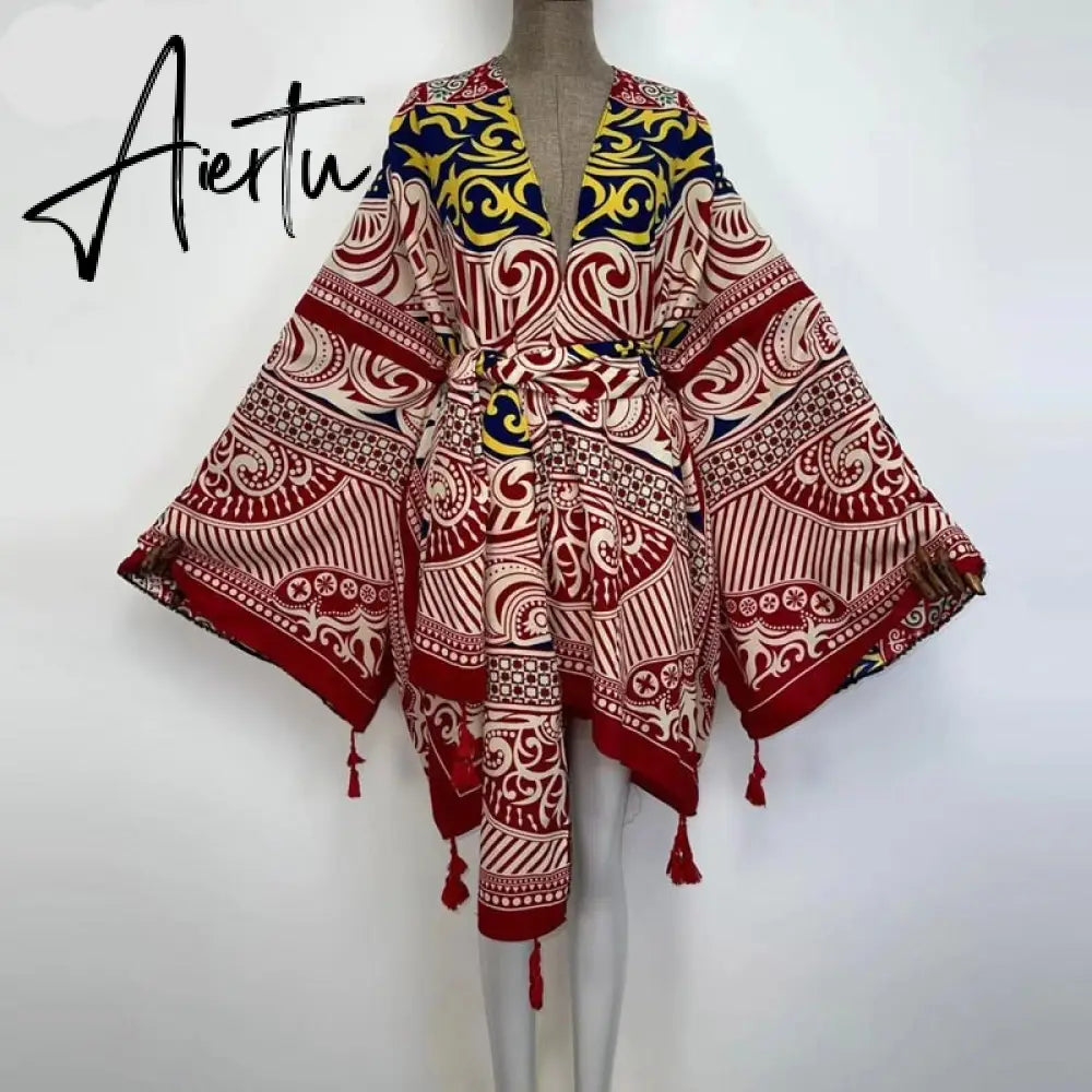 Aiertu America Summer Women Cardigan stitch robe Cocktail sexcy Boho Maxi African Holiday Batwing Sleeve Silk Robe Aiertu