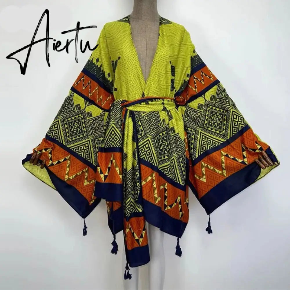 Aiertu America Summer Women Cardigan stitch robe Cocktail sexcy Boho Maxi African Holiday Batwing Sleeve Silk Robe Aiertu
