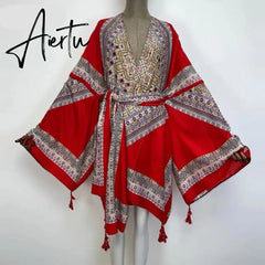Aiertu America Summer Women Cardigan stitch robe Cocktail sexcy Boho Maxi African Holiday Batwing Sleeve Silk Robe Aiertu