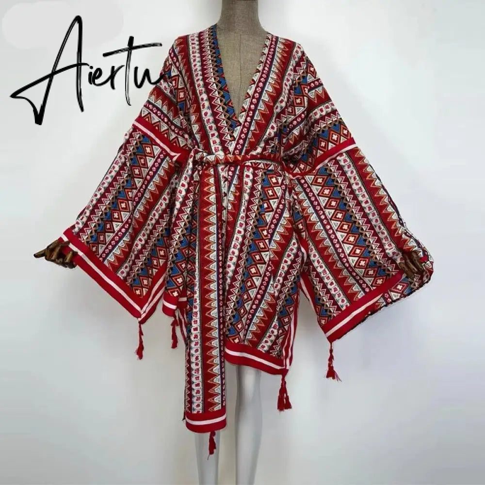 Aiertu America Summer Women Cardigan stitch robe Cocktail sexcy Boho Maxi African Holiday Batwing Sleeve Silk Robe Aiertu