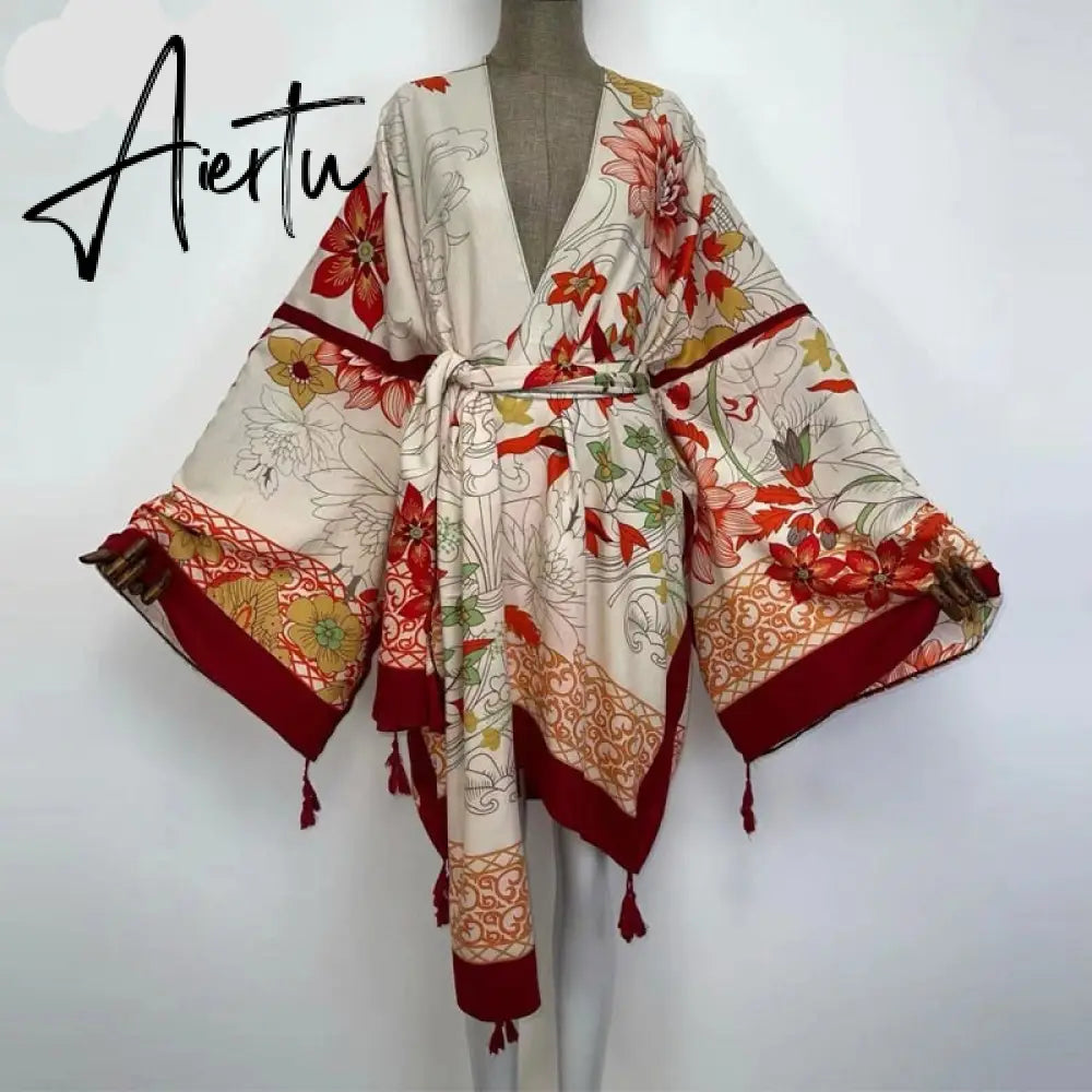 Aiertu America Summer Women Cardigan stitch robe Cocktail sexcy Boho Maxi African Holiday Batwing Sleeve Silk Robe Aiertu