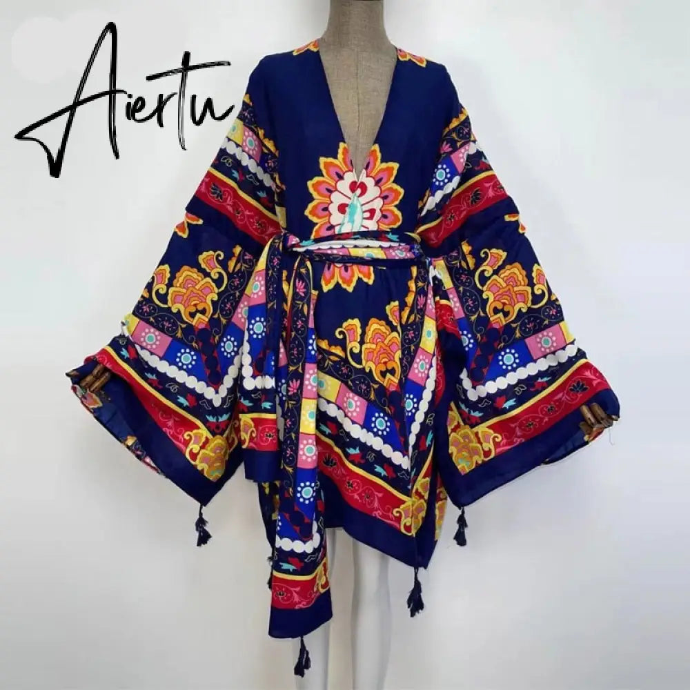 Aiertu America Summer Women Cardigan stitch robe Cocktail sexcy Boho Maxi African Holiday Batwing Sleeve Silk Robe Aiertu