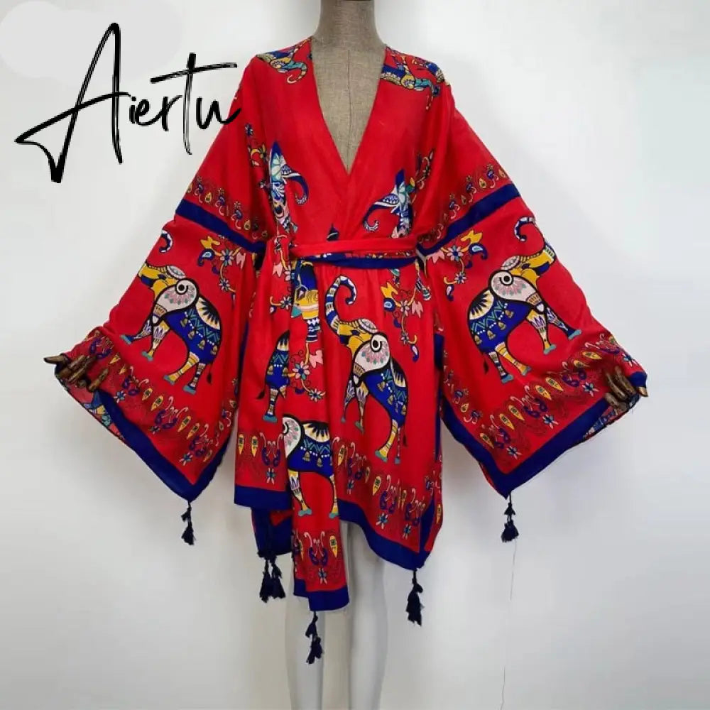 Aiertu America Summer Women Cardigan stitch robe Cocktail sexcy Boho Maxi African Holiday Batwing Sleeve Silk Robe Aiertu