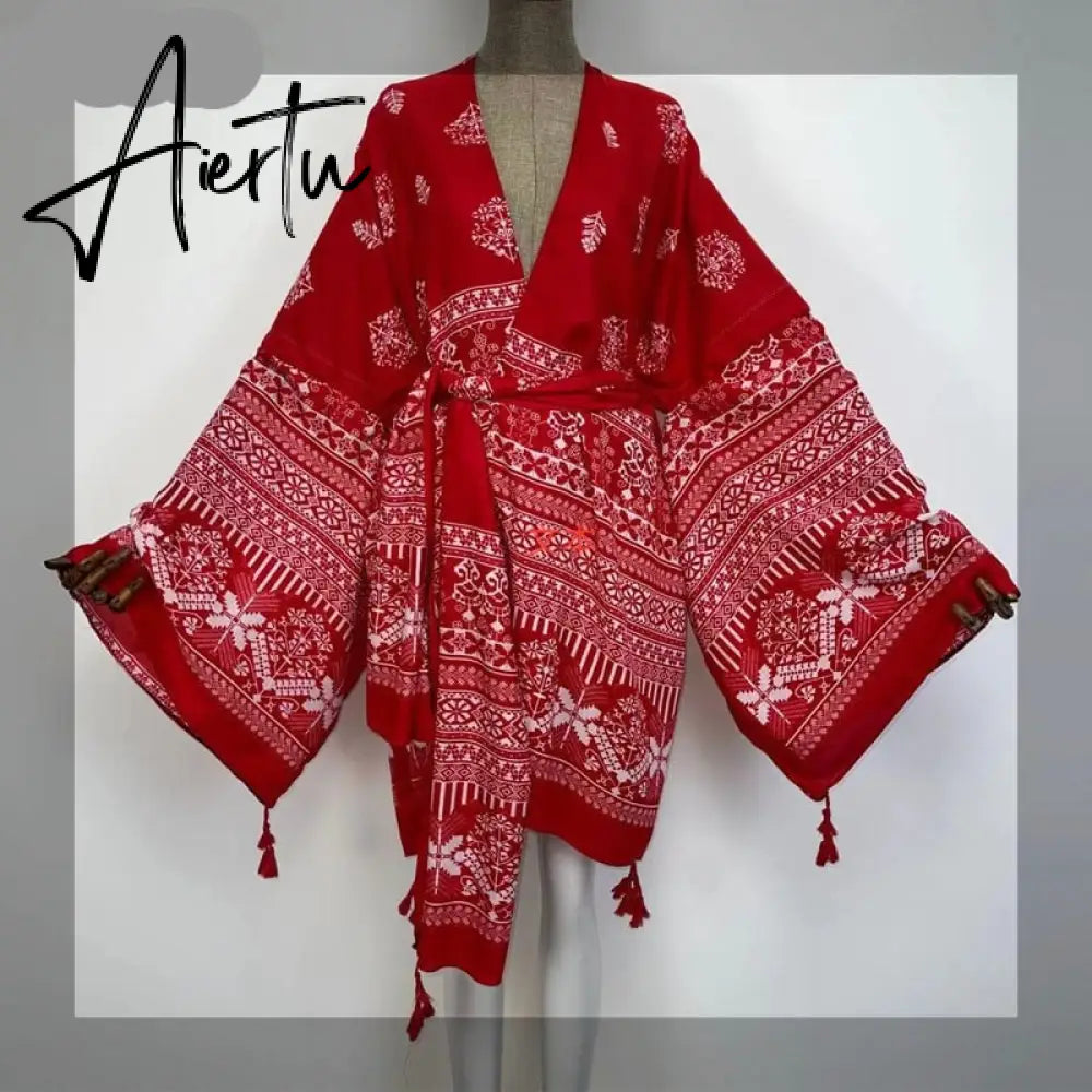 Aiertu America Summer Women Cardigan stitch robe Cocktail sexcy Boho Maxi African Holiday Batwing Sleeve Silk Robe Aiertu