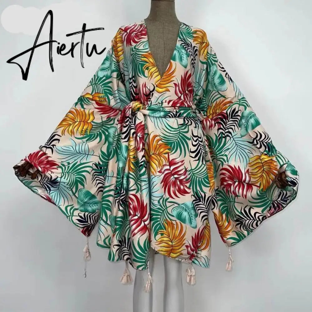 Aiertu America Summer Women Cardigan stitch robe Cocktail sexcy Boho Maxi African Holiday Batwing Sleeve Silk Robe Aiertu