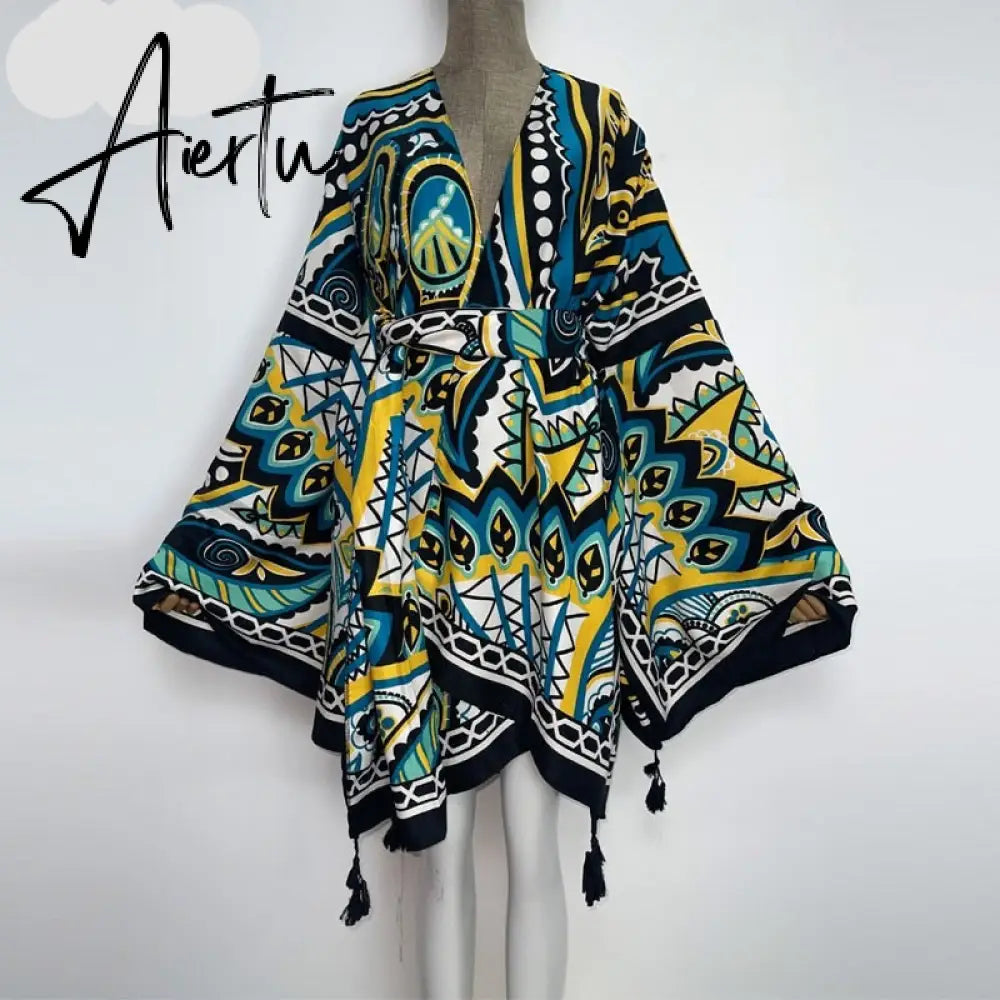 Aiertu America Summer Women Cardigan stitch robe Cocktail sexcy Boho Maxi African Holiday Batwing Sleeve Silk Robe Aiertu