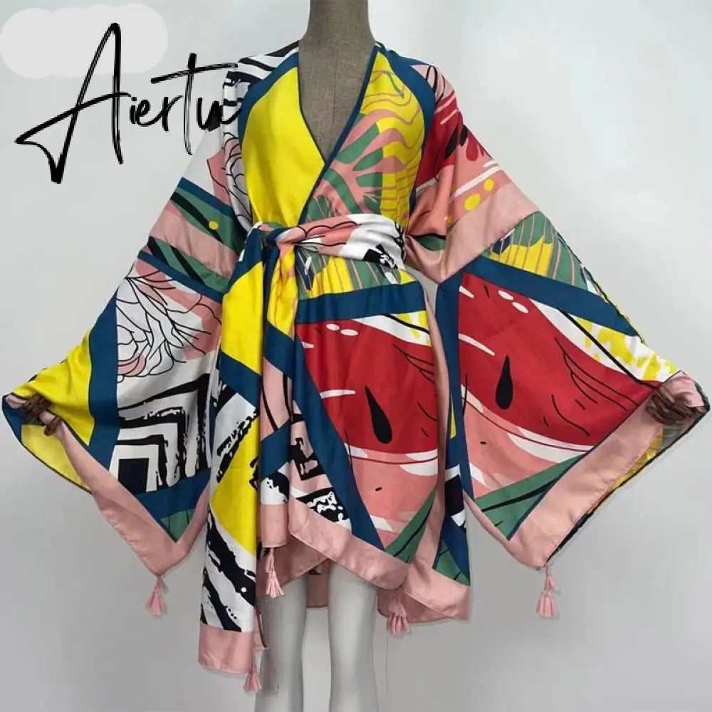 Aiertu America Summer Women Cardigan stitch robe Cocktail sexcy Boho Maxi African Holiday Batwing Sleeve Silk Robe Aiertu