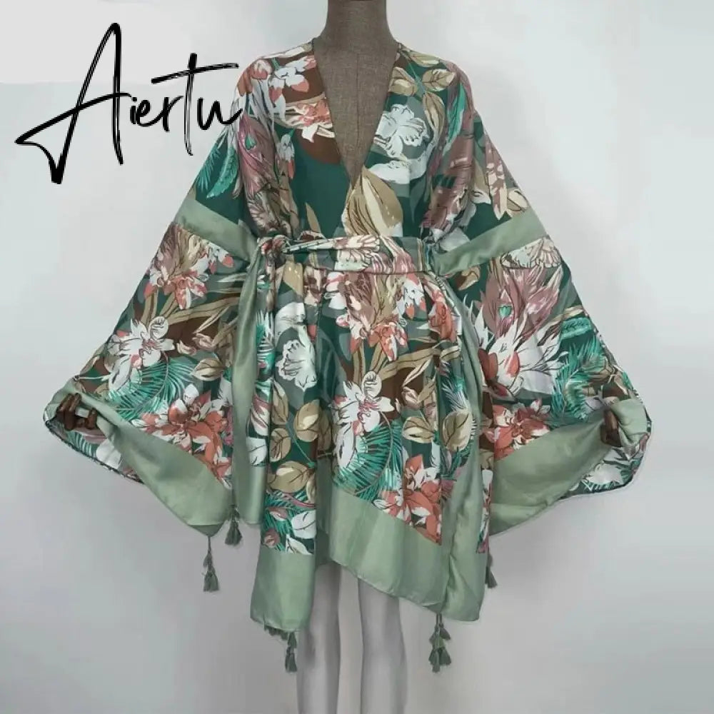 Aiertu America Summer Women Cardigan stitch robe Cocktail sexcy Boho Maxi African Holiday Batwing Sleeve Silk Robe Aiertu
