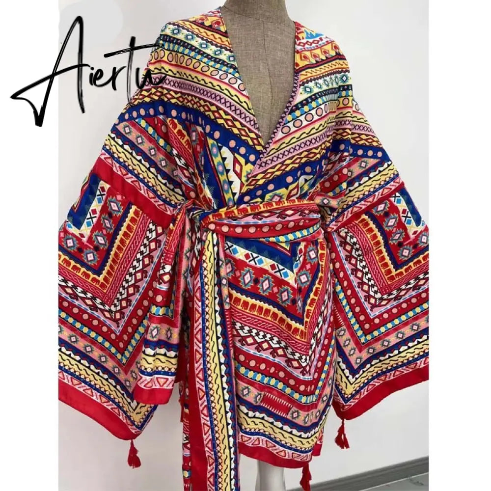 Aiertu America Summer Women Cardigan stitch robe Cocktail sexcy Boho Maxi African Holiday Batwing Sleeve Silk Robe Aiertu