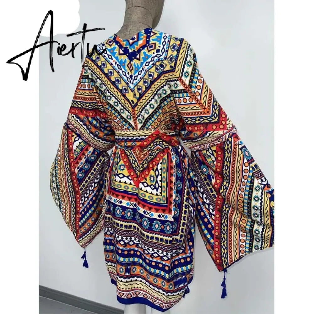 Aiertu America Summer Women Cardigan stitch robe Cocktail sexcy Boho Maxi African Holiday Batwing Sleeve Silk Robe Aiertu