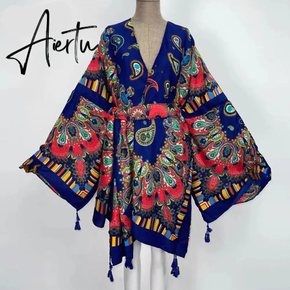 Aiertu America Summer Women Cardigan stitch robe Cocktail sexcy Boho Maxi African Holiday Batwing Sleeve Silk Robe Aiertu