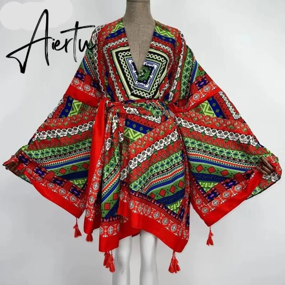 Aiertu America Summer Women Cardigan stitch robe Cocktail sexcy Boho Maxi African Holiday Batwing Sleeve Silk Robe Aiertu