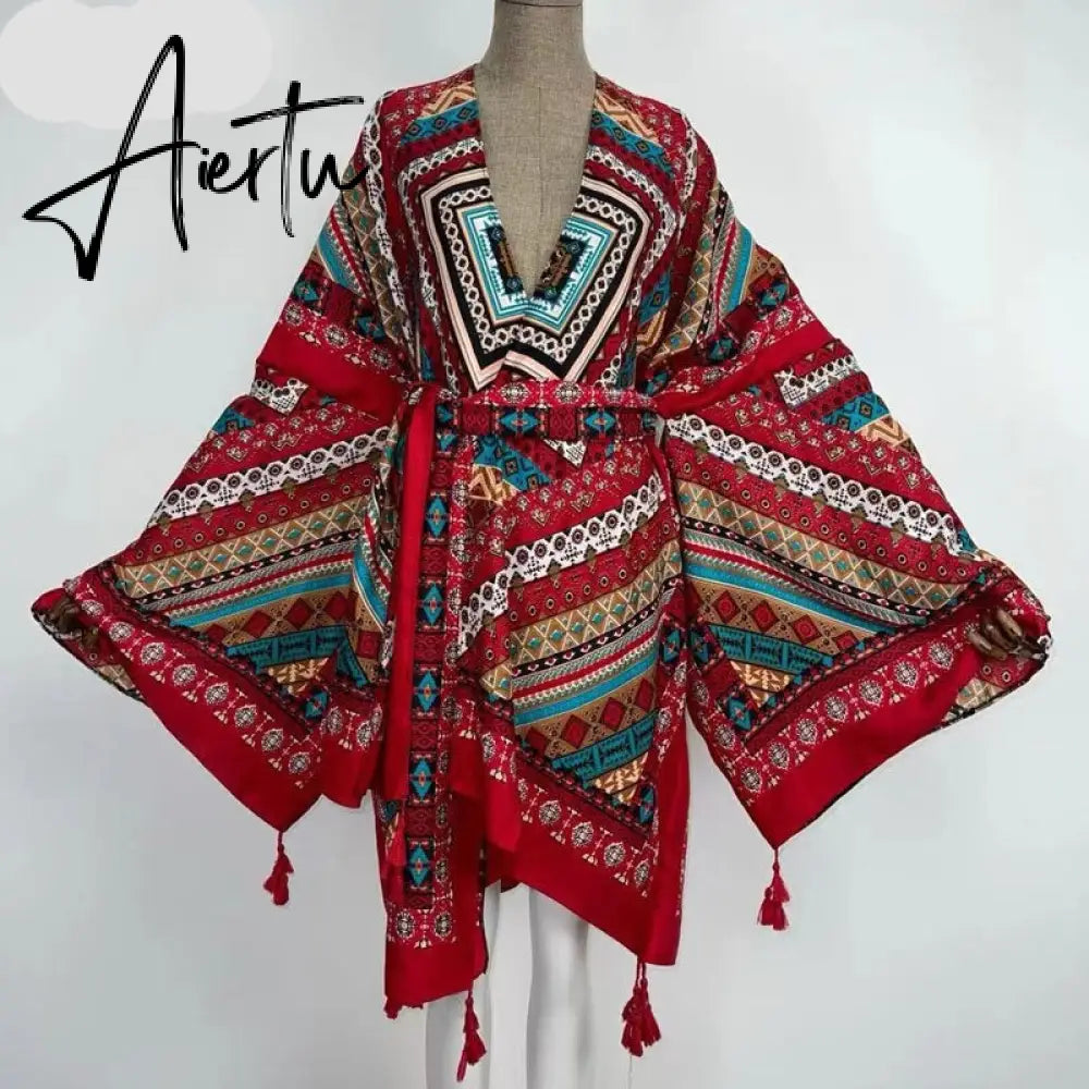 Aiertu America Summer Women Cardigan stitch robe Cocktail sexcy Boho Maxi African Holiday Batwing Sleeve Silk Robe Aiertu