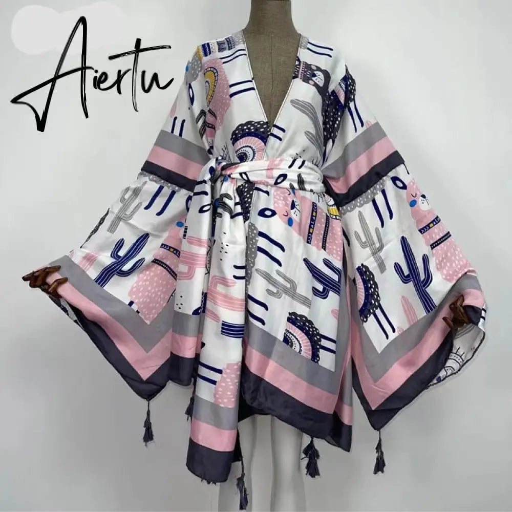 Aiertu America Summer Women Cardigan stitch robe Cocktail sexcy Boho Maxi African Holiday Batwing Sleeve Silk Robe Aiertu