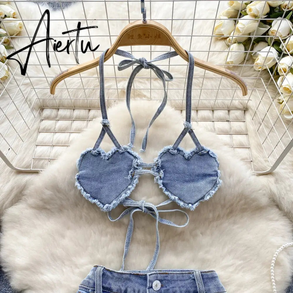 Aiertu American Hotsweet Sets Halter Sleeveless Backless Love Tops+High Waist Button Basics Shorts Fashion Sexy Denim Suits Aiertu