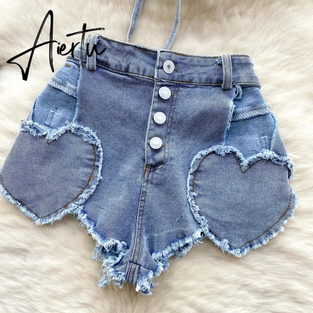 Aiertu American Hotsweet Sets Halter Sleeveless Backless Love Tops+High Waist Button Basics Shorts Fashion Sexy Denim Suits Aiertu