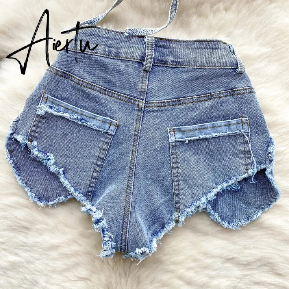 Aiertu American Hotsweet Sets Halter Sleeveless Backless Love Tops+High Waist Button Basics Shorts Fashion Sexy Denim Suits Aiertu