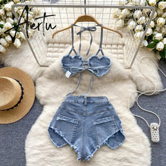 Aiertu American Hotsweet Sets Halter Sleeveless Backless Love Tops+High Waist Button Basics Shorts Fashion Sexy Denim Suits Aiertu