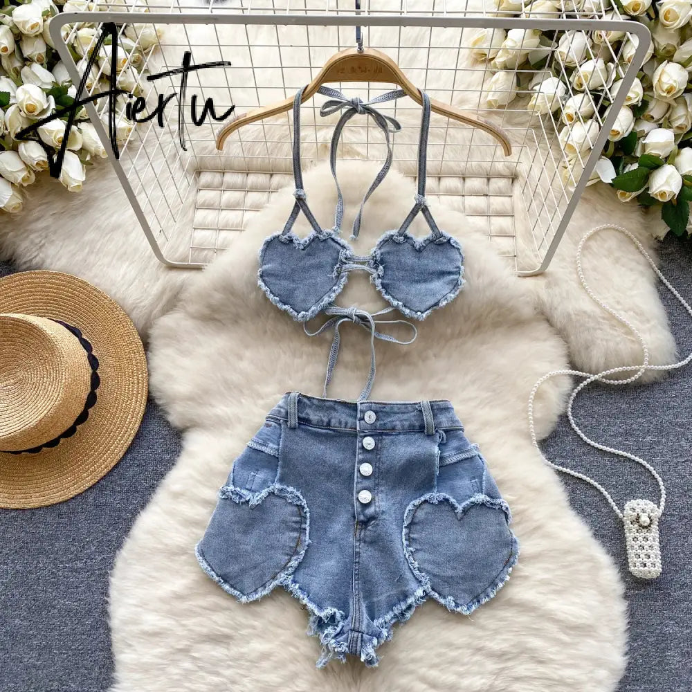 Aiertu American Hotsweet Sets Halter Sleeveless Backless Love Tops+High Waist Button Basics Shorts Fashion Sexy Denim Suits Aiertu