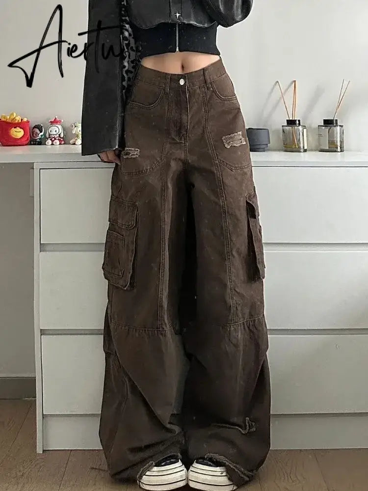 Aiertu American New Fashion Hole Multi-pocket Tooling Baggy Jeans Female Y2K High Street Vintage Casual Straight Wide-leg Mop Pants Aiertu