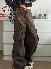 Aiertu American New Fashion Hole Multi-pocket Tooling Baggy Jeans Female Y2K High Street Vintage Casual Straight Wide-leg Mop Pants Aiertu