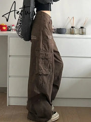 Aiertu American New Fashion Hole Multi-pocket Tooling Baggy Jeans Female Y2K High Street Vintage Casual Straight Wide-leg Mop Pants Aiertu
