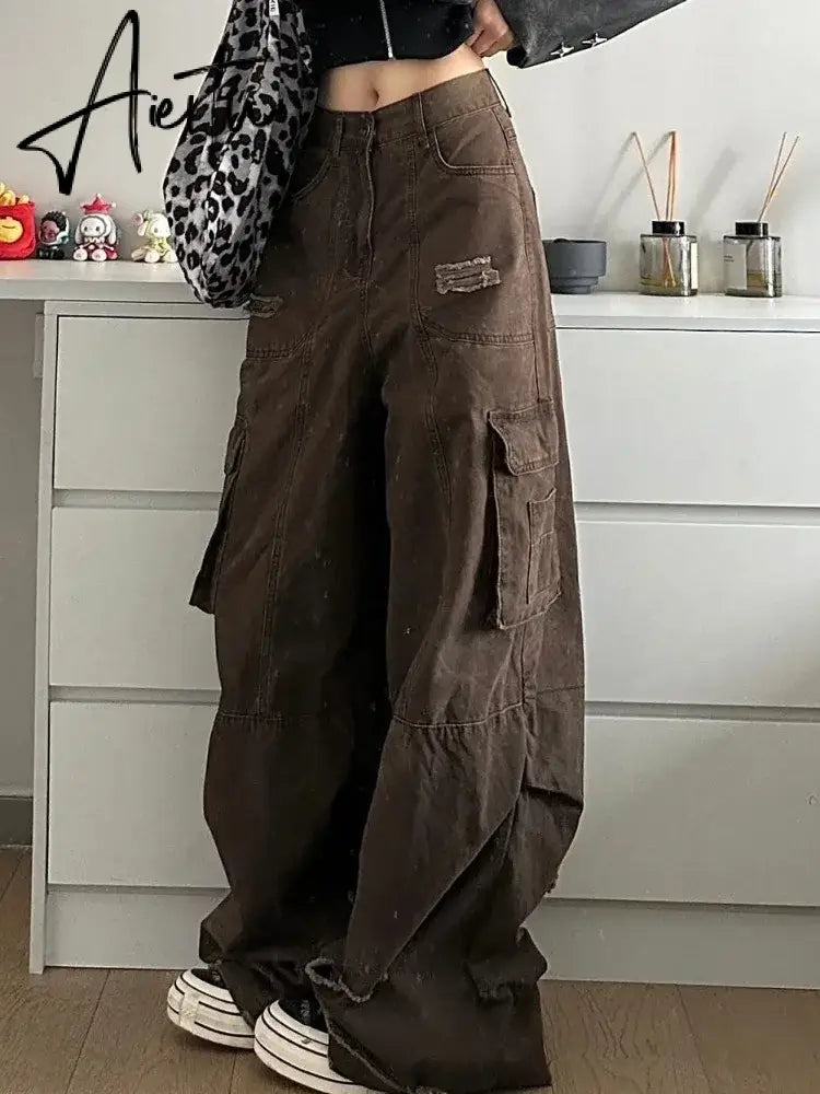 Aiertu American New Fashion Hole Multi-pocket Tooling Baggy Jeans Female Y2K High Street Vintage Casual Straight Wide-leg Mop Pants Aiertu