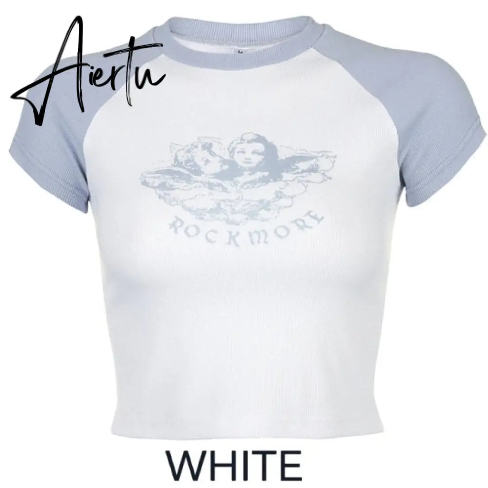 Aiertu Angel Printed Short Sleeve Crop Top T Shirt Women Summer Clothes Cute Print T-shirt Ladie Streetwear Tee Shirt Aiertu