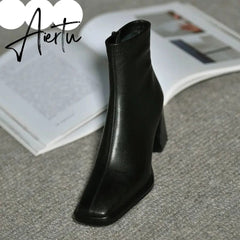 Aiertu Ankle Boots For Women Square Toe Fashion Shoes Warm Winter Short Boots Zipper Square Heels Comfortable Lady Shoes Aiertu