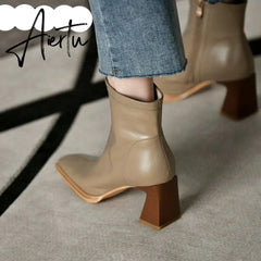 Aiertu Ankle Boots For Women Square Toe Fashion Shoes Warm Winter Short Boots Zipper Square Heels Comfortable Lady Shoes Aiertu